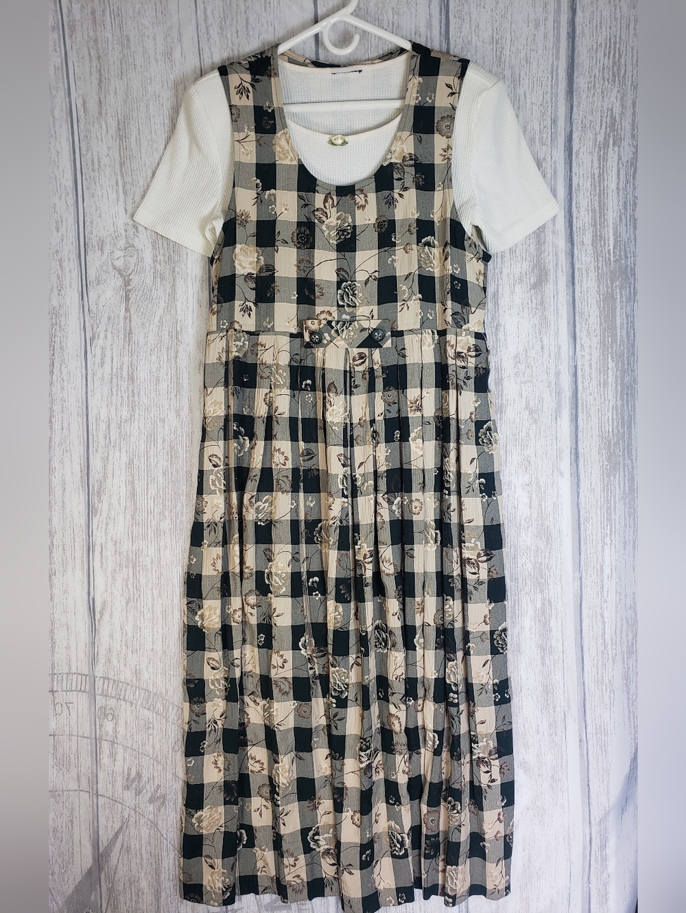 Vintage 90s Womens Floral Plaid Jumper Dress & Thermal Top Back Tie Medium 1h